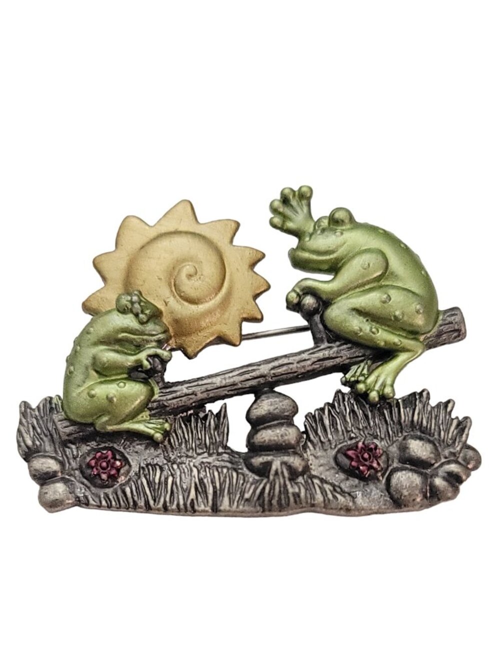 DD Darling Dash Dominic Avellino Green Frogs On See-Saw Brooch Pin, Signed E954